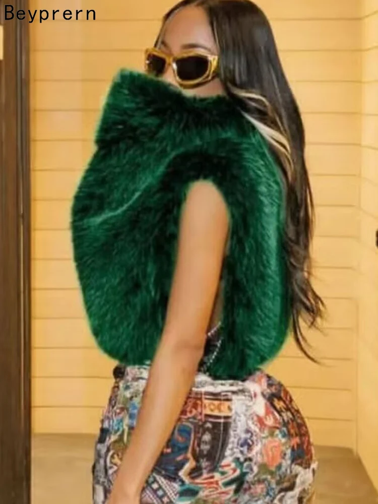 Beyprern Sexy Green Faux Fur Sleeveless Vest for Women High Neck Warm Crop Top with Chain Detail Fashion Outerwear