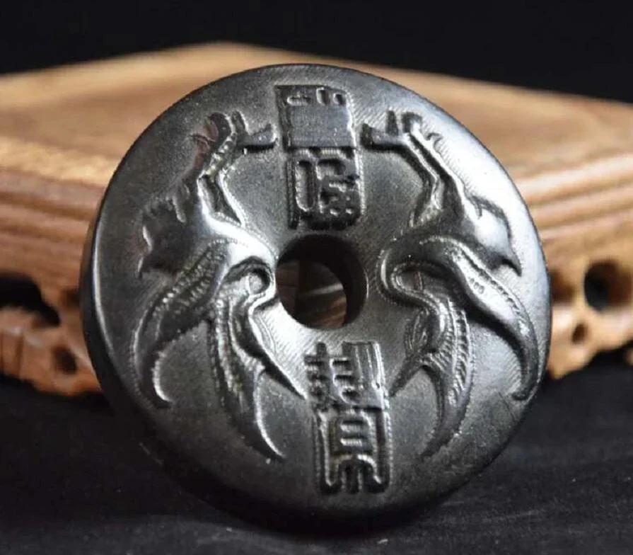 Hongshan Culture Archaize Black Iron Meteorite Sculpture Shuangfengbi Statue