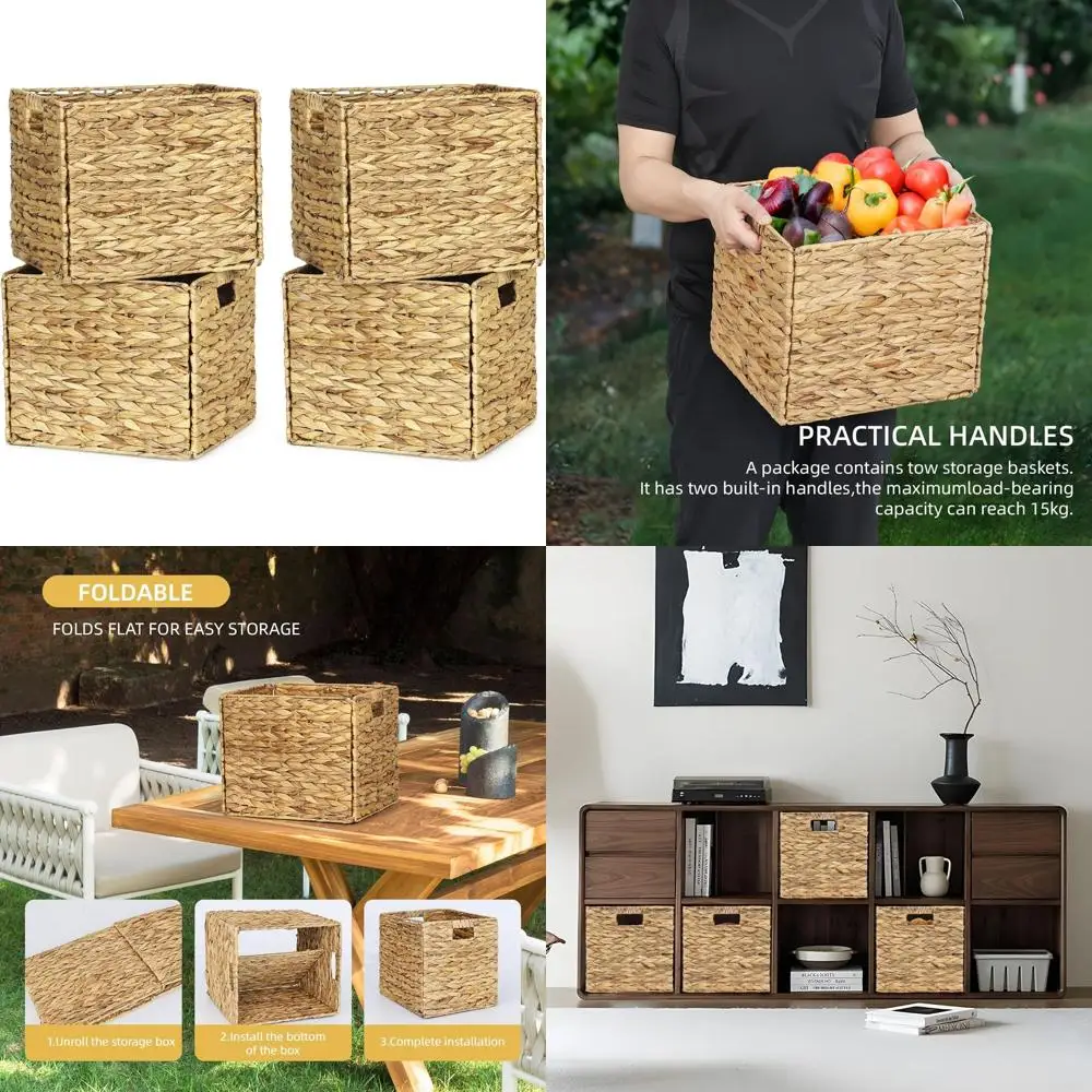 

Набор из 4 складных прямоугольных плетеных корзин для хранения, 13x11 дюймов, натуральных ручных сот, со встроенными ручками для полок и выходов.