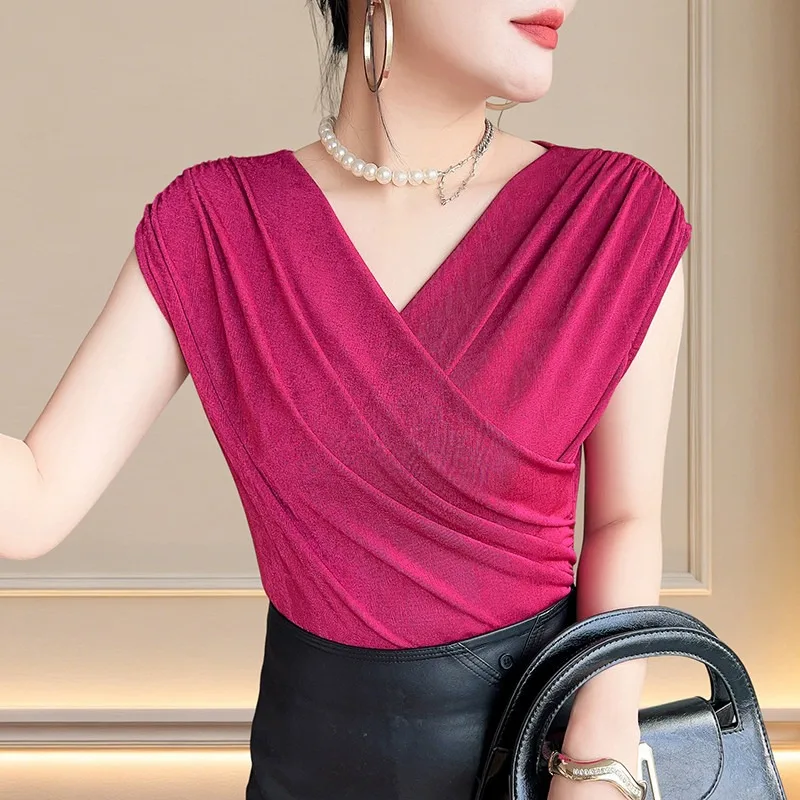 Women Cross V Neck Sleeveless Top Pleated Slim Fit Solid Color Elegant Casual Blouse