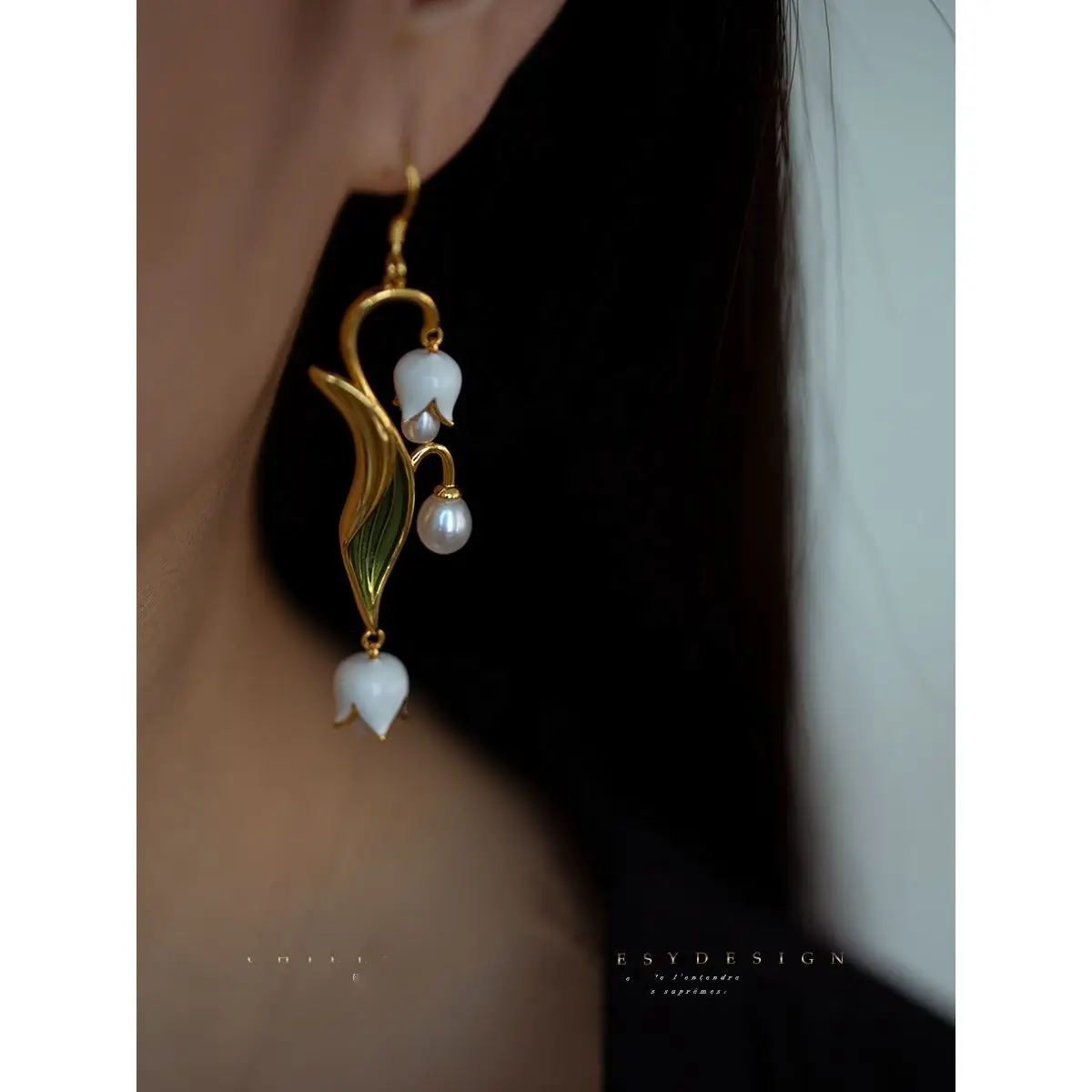 14k 18K Gold Filled Lily of the Valley Flower Pearl Ear Drop Dangle Convallariaceae Ear Hook Earring Flora 18th Century Jewelry