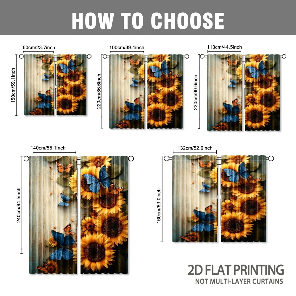 Sunflower and butterfly pattern polyester overlock curtains, with pole-mounted design suitable for living rooms,and study rooms.