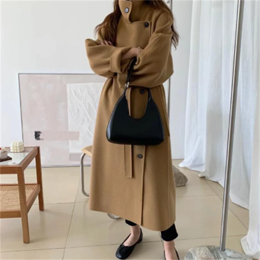 Stand collar two-sided woolen coat women new long-style loose wool casacas para mujer