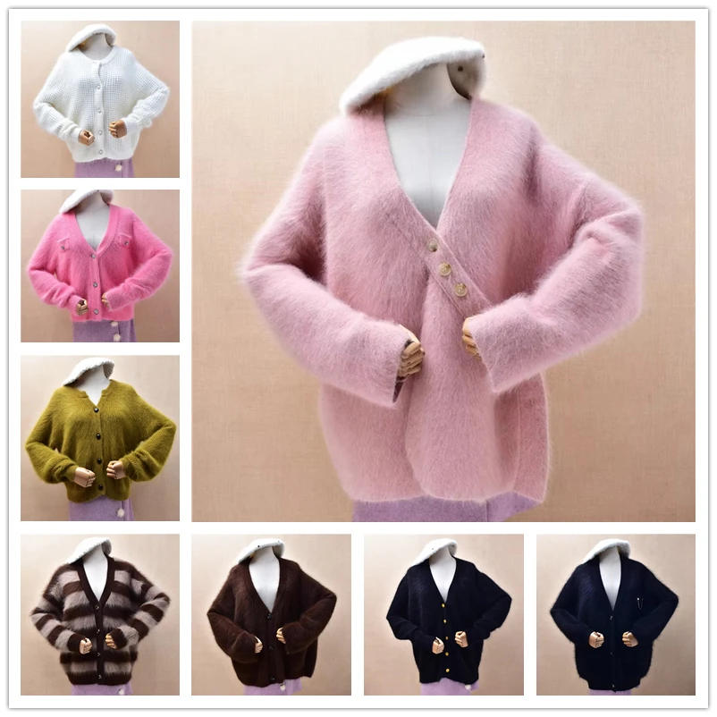 

Ladies Women Autumn Winter Clothing Thick Warm Pink Hairy Mink Cashmere Knitted V-Neck Long Sleeves Loose Cardigans Sweater Coat