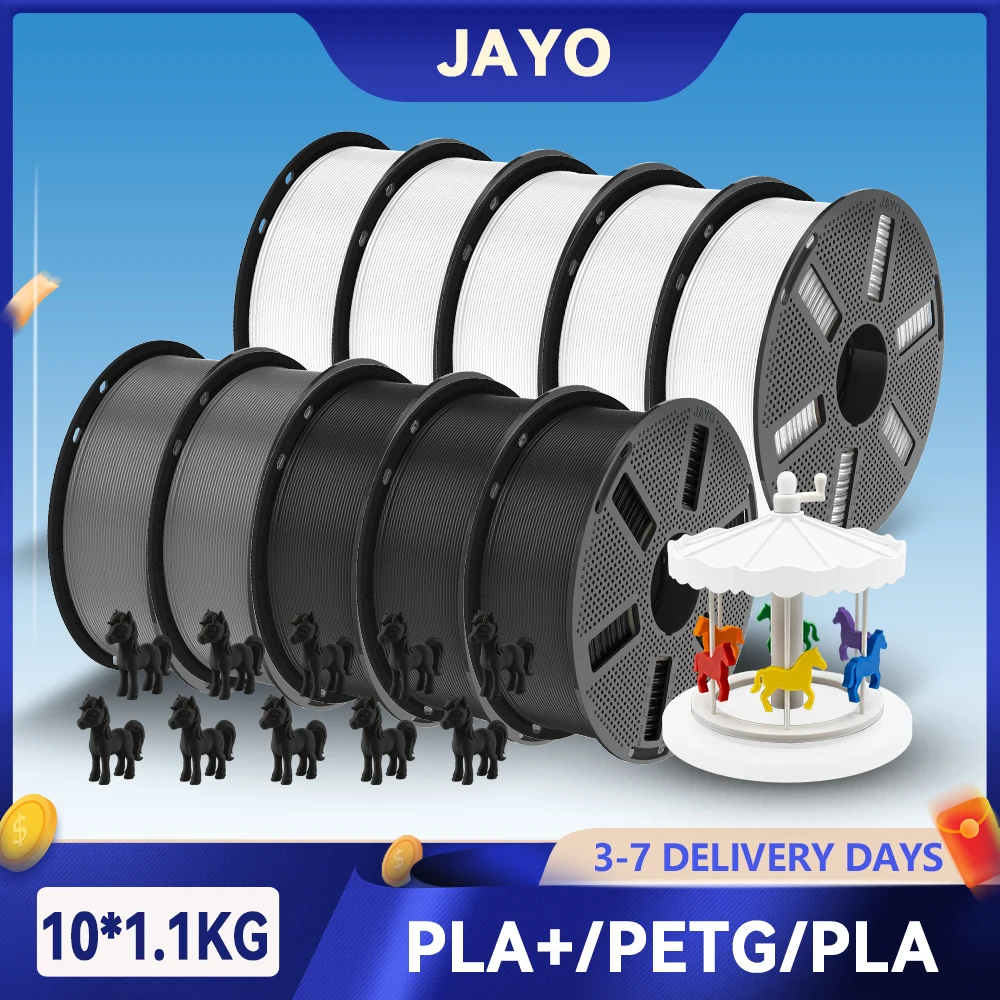 JAYO 10Rolls 3D PETG/PLA/PLA PLUS Printer Filament 1.75mm 100% No Bubble Non-Toxic 3D Printing Materials for 3D Printer & 3D Pen