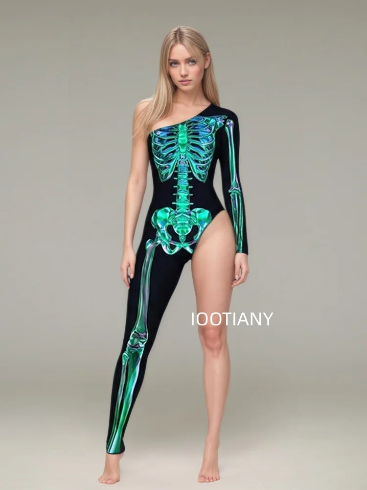Gotischer Halloween-Skelett-Print-Bodysuit für Damen, One-Shoulder, einlanger Ärmel, asymmetrischer, enger Jumpsuit, Bühnen-Rave-Outfit – Detail 12