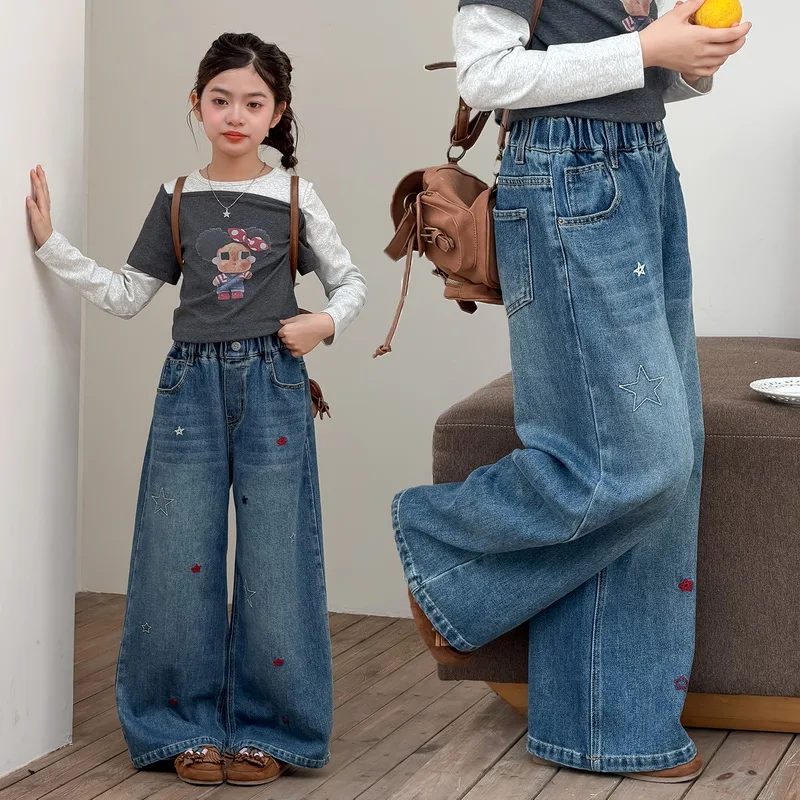 New Autumn Girls Fashion Wide Leg Jeans with Pentagram Children Spring Jeans Trousers Teen Girls Cool Loose Straight Denim Pants