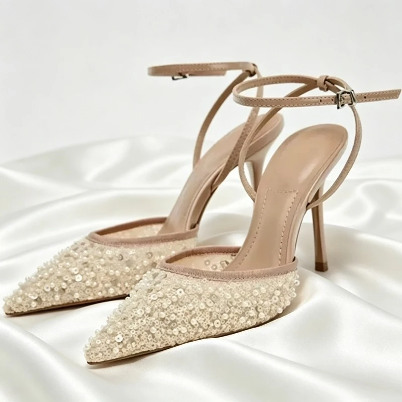 Mesh Bling Sexy Pointed Toe Sandals Ladies Ankle Strap Fashion Elegant High Heels String Beads Designer Banquet Wedding Shoes