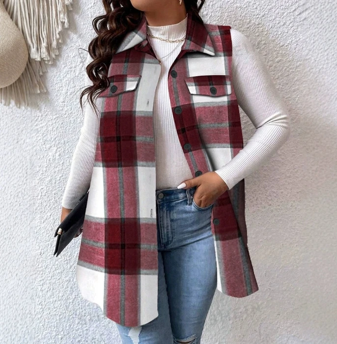 

Plus Size Women Plaid Print Flap Detail Sleeveless Coat Casual Button Up Cardigan Top Thick Thermal Robe Vest Women Outwear