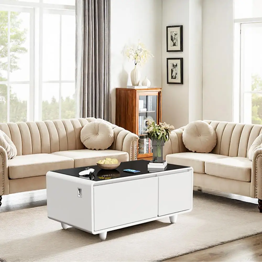 

Smart Coffee Table Fridge Freezer Dual Zone Cooling Bluetooth Speaker Wireless Charging White