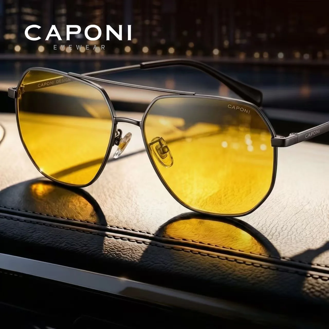 CAPONI Night Vison Men Sunglasses Double Bridge Original Photochromic Brown Sun Glasses Driving UV400 Yellow Shades BSYS08279