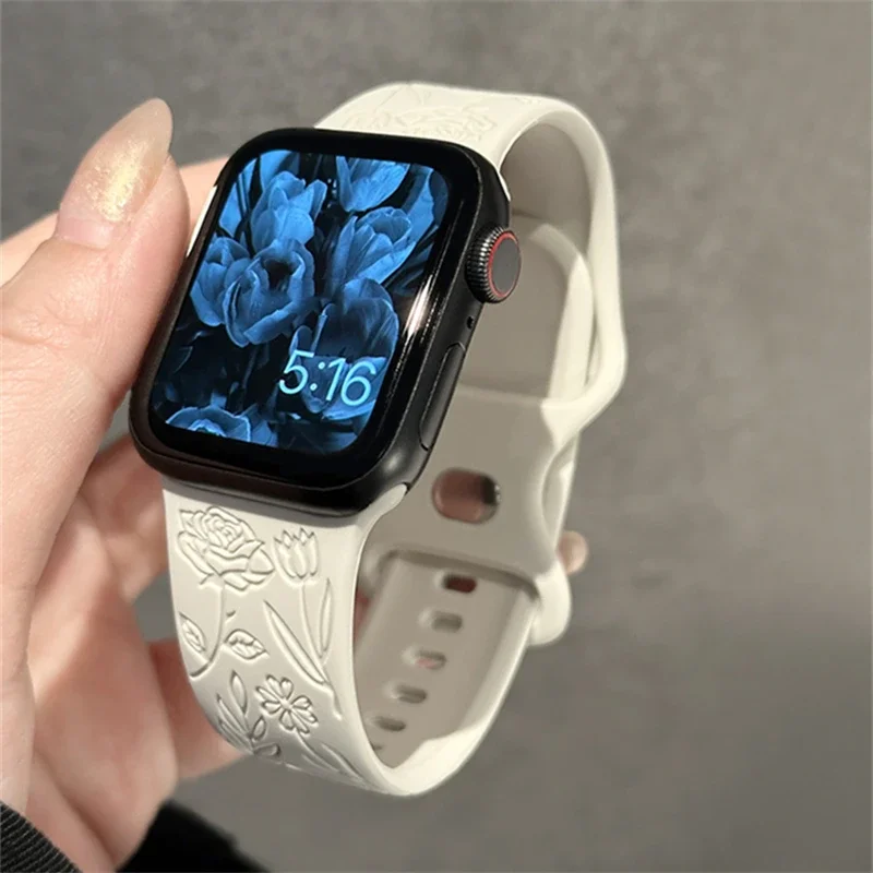 Retro Carved Rose Floral Strap For Apple Watch Band 41mm 40mm 44 45 38mm 42 49mm Soft Silicone Bracelet For iwatch 9 7 se 6 8 5