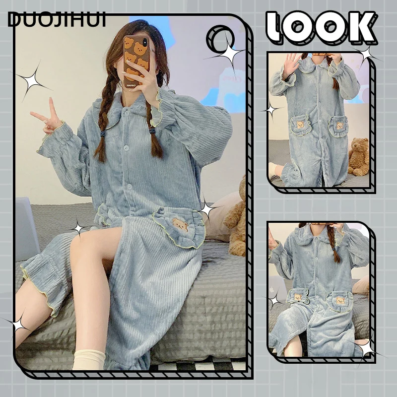 DUOJIHUI Pure Color Cute Pocket Female Nightgown Winter Flannel Simple Loose Long Sleeve Fashion Single Breasted Sleepwear Women