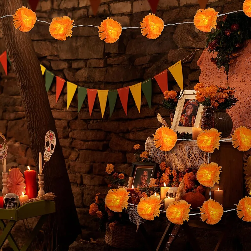 3PCS Lighted Marigold Garland 10 LED Artificial Marigold Flowers String Lights for Halloween Diwali Indian Party 1.5M
