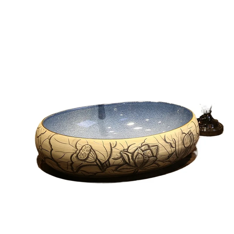 

Carved lotus art table oval ceramic washbasin Chinese retro washbasin