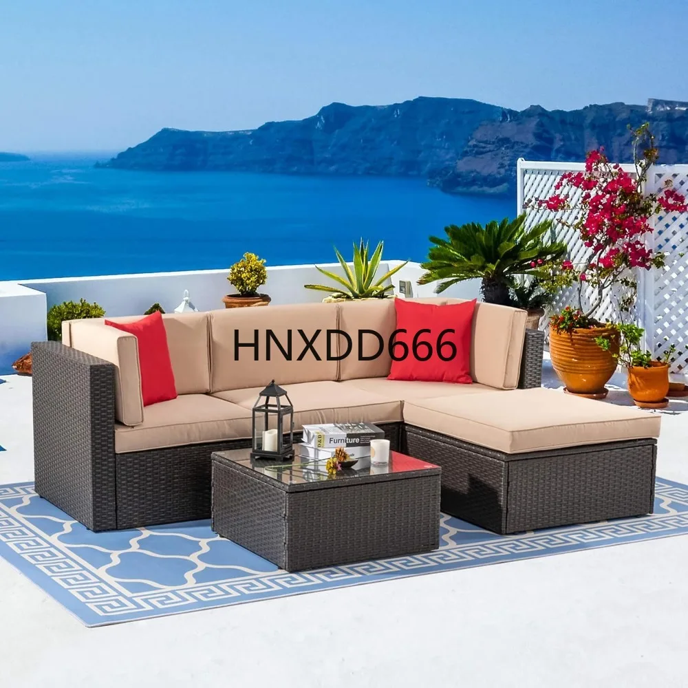 

5 Piece All-Weather Brown PE Wicker Outdoor Couch Sectional Set, Glass Table, Red Pillow, Beige, Garden Furniture Sets