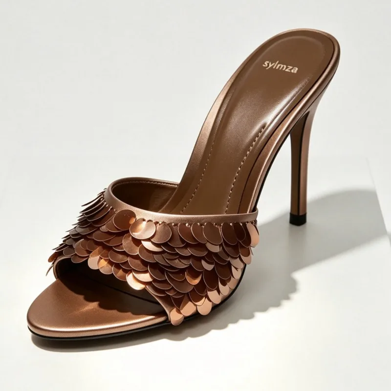Bling Brand Heels Slippers Women New Summer Open Toe Fashion Slides Female Shiny Designer Sandals Elegant Party Dress Shoes