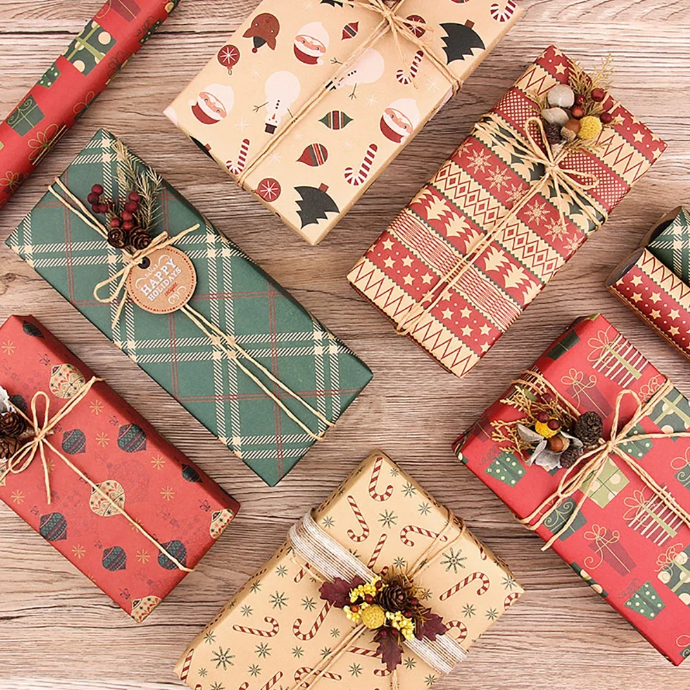 Retro Single-sided Wrapping Paper Kraft Christmas New Year Gift Packaging Paper DIY Craft Paper for Party Birthday Holiday