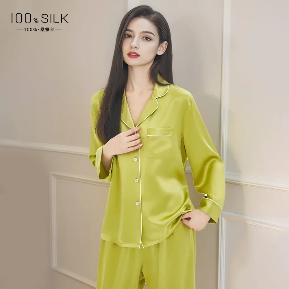 19MM Heavy Silk Women's Sleepwear Set Mulberry Silk Pyjamas Autumn and Winter Girls Pajamas Long Sleeves Trousers Two-piece Set