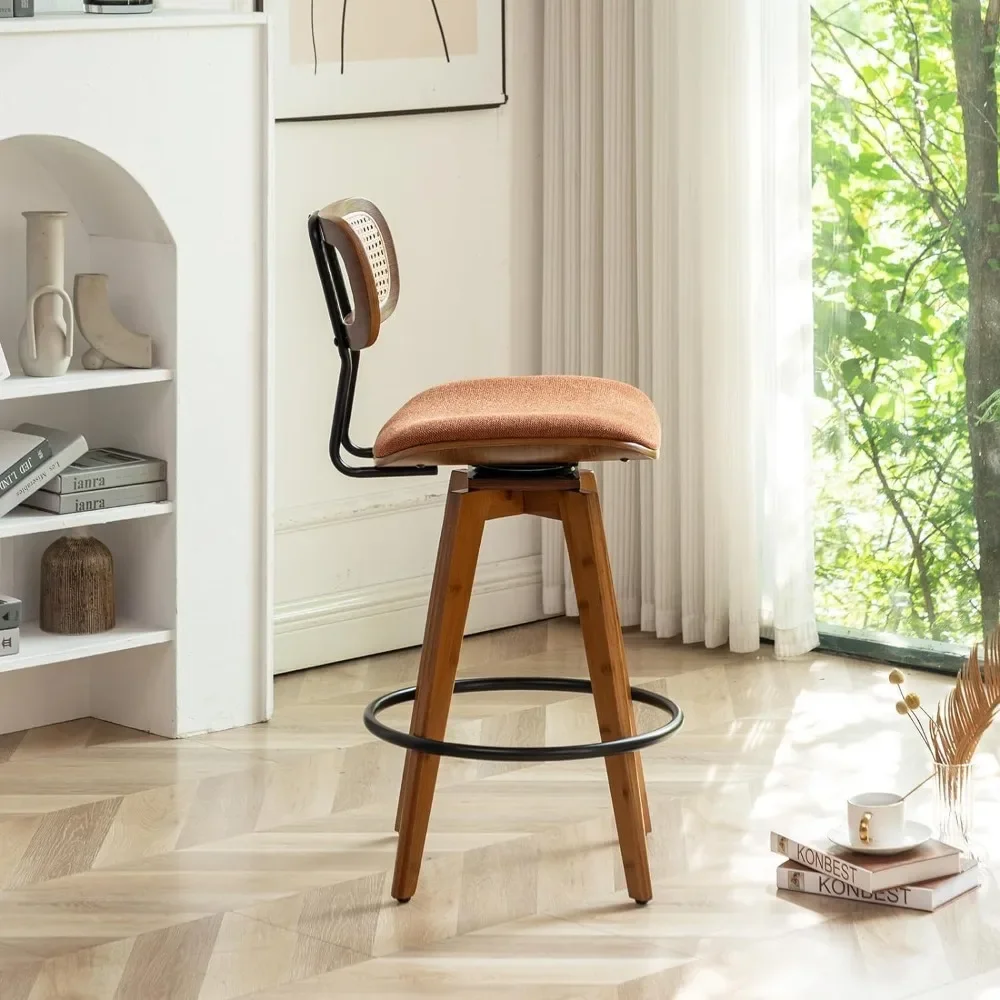 26" Rattan Bar Stools Set of 2 Linen Fabric Counter Height Swivel Barstools with Rattan Backrest and Wooden Legs,Armless Mid
