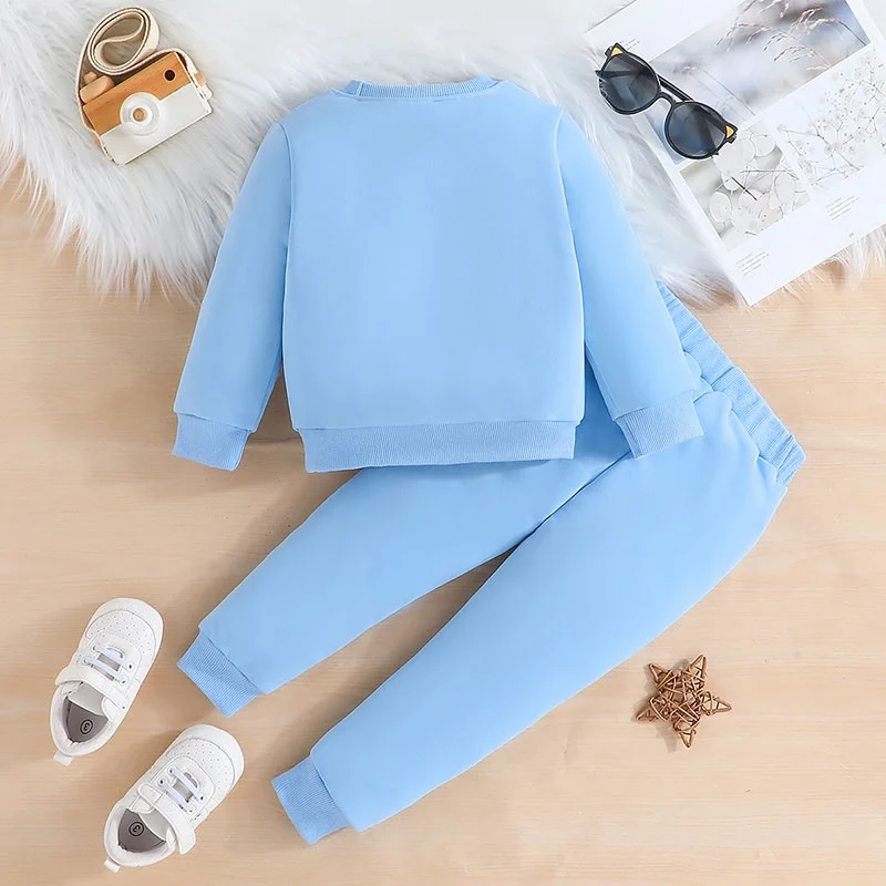 Kid Boys 9 Months-6 Years old Long Sleeve Cute King Letter Tees tops and Long Pants Blue Outfit Toddler Infant Clothing Set