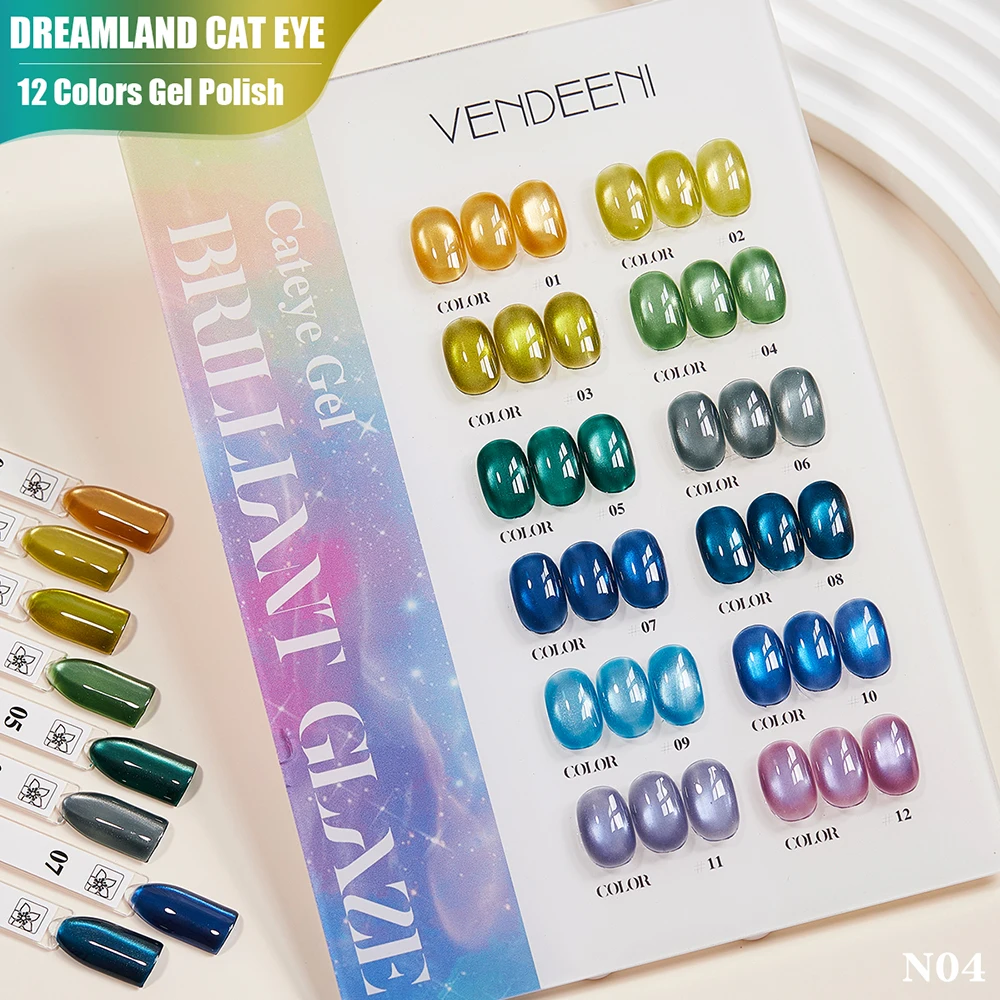 

Vendeeni 12 Colors/set Candy Color Crystal Cat Eye Gel Nail Polish UV LED Glitter Magnetic Manicure Varnish With Color Card