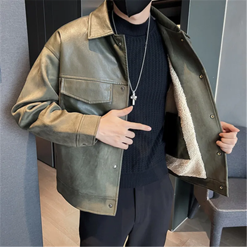 

PU Patchwork Suede Men Jacket Turn Down Collar Original Designer Big Pockets Business Casual Coat Thicken Man Clothes Winter