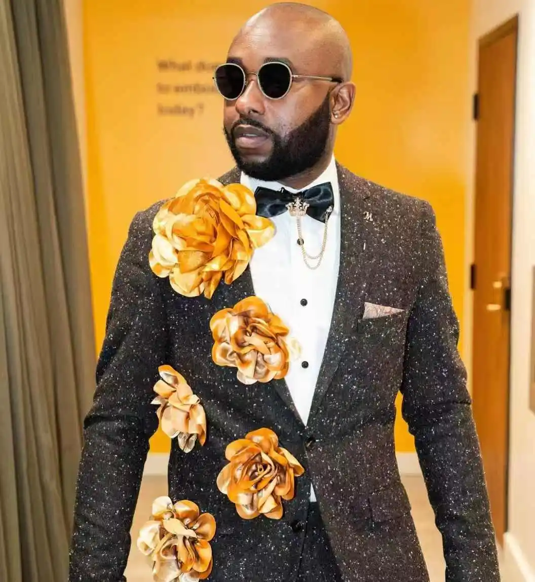 

Luxury Black Men Suits Set 2 Pcs Blazer+Pant Trousers Wedding Tuxedo 3D Flower Formal Office Groom Prom Male Jacket Coat