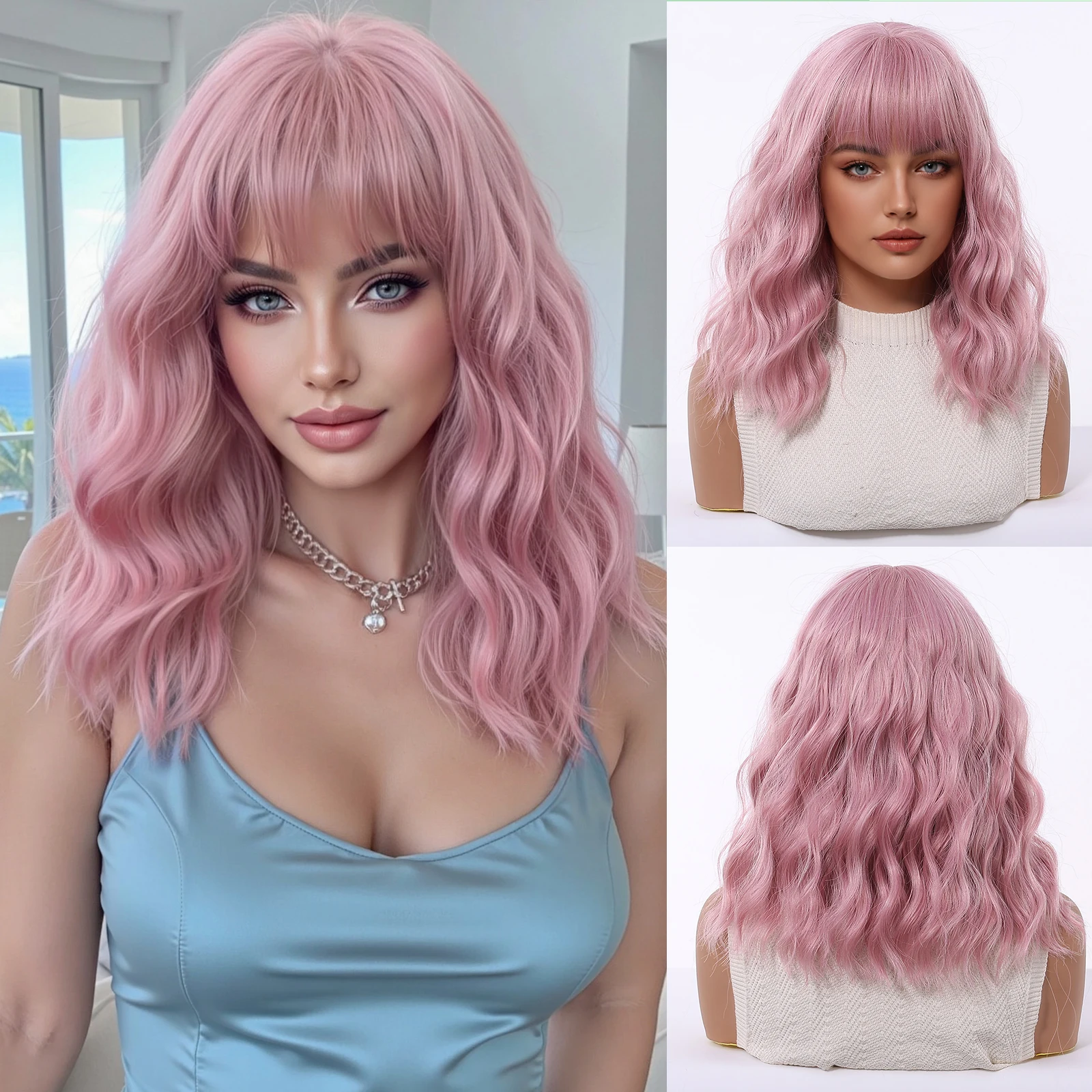 

HENRY MARGU Pink Synthetic Wigs with Bangs Medium Length Water Wave Natural Bob Daily Hair Wigs for Women Heat Resistant Fiber
