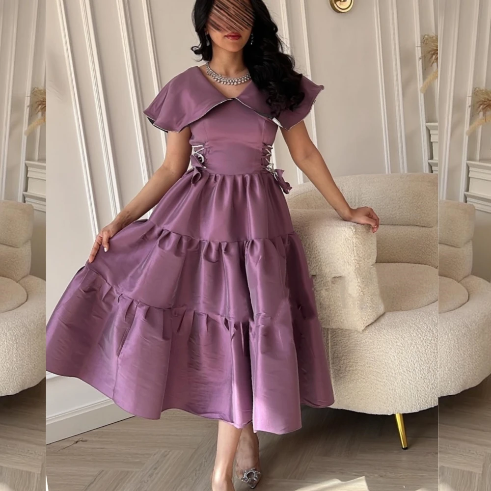 

Jiayigong Satin Draped Pleat Ruched Cocktail Party A-line V-Neck Bespoke Occasion Gown Midi Dresses