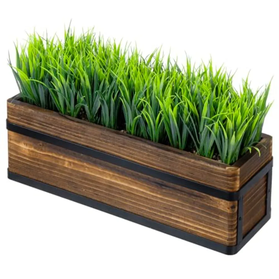 

14 Inch Artificial Green Grass Plant in Rustic Burnt Wood Planter Box with Industrial Black Metal Accents Realistic Greenery Ta