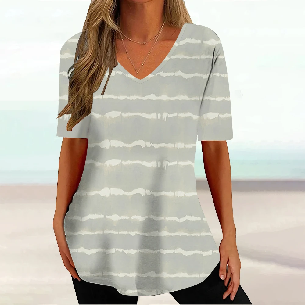 

Stripe Graphic Tees for Ladies V-Neck Loose Blouse Women's Short Sleeve T-Shirt Casual Summer Vintage Print Clothing Tops
