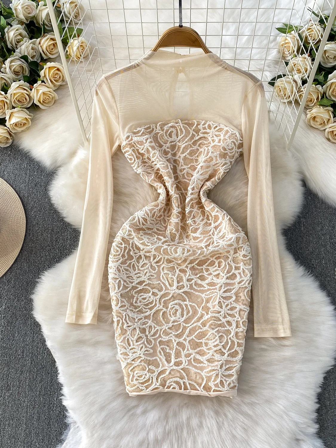 

Сексуальное женское осеннее платье с высоким воротником и вышивкой Me Splice, высококачественная блестящая юбка, облегающее платье