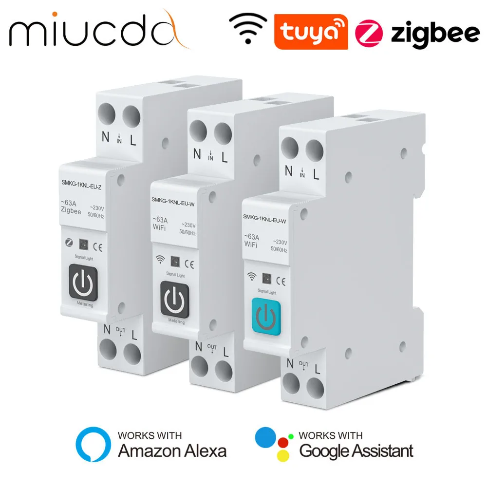 MIUCDA-Tuya Disjuntor Inteligente, Wi-Fi, ZigBee, Medição de Energia, 1P, 63A, Trilho DIN para Casa Inteligente, Interruptor de Controle Remoto Sem Fio