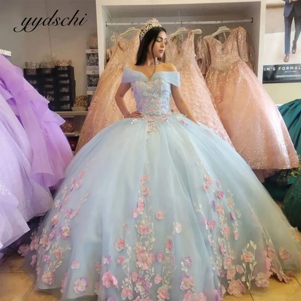 

Off The Shoulder Beading Quinceanera Dresses 2023 Tulle Appliques Graduation Formal Birthday Party Gown Blue Robes De Soirée