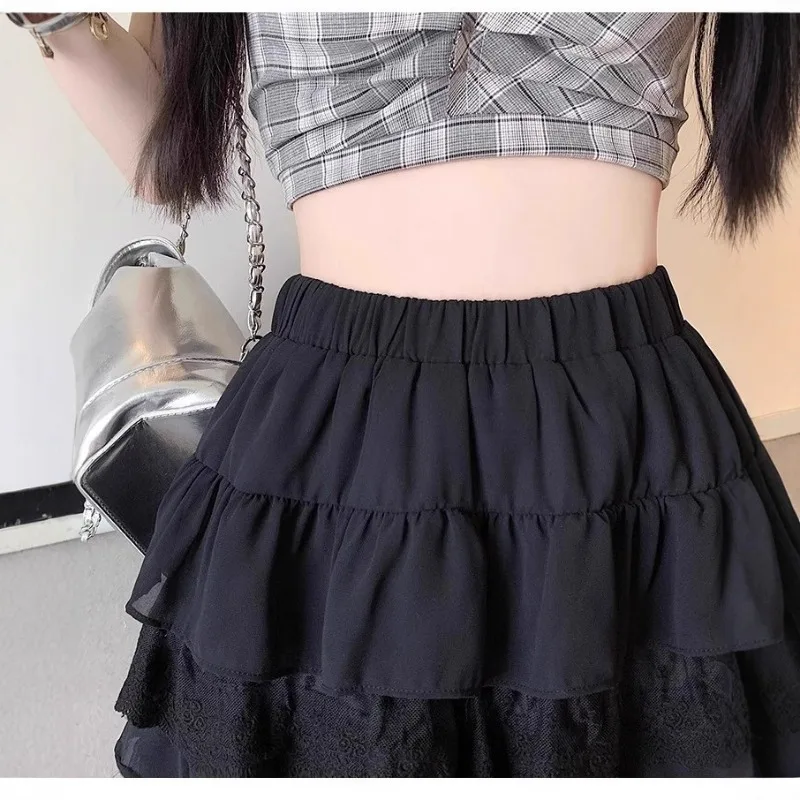 Women White Lace Cake Mini Skirt Summer High Waist Slim A-Line Princess Puff Skirt Petite Girls Casual Half Skirt Bottoms