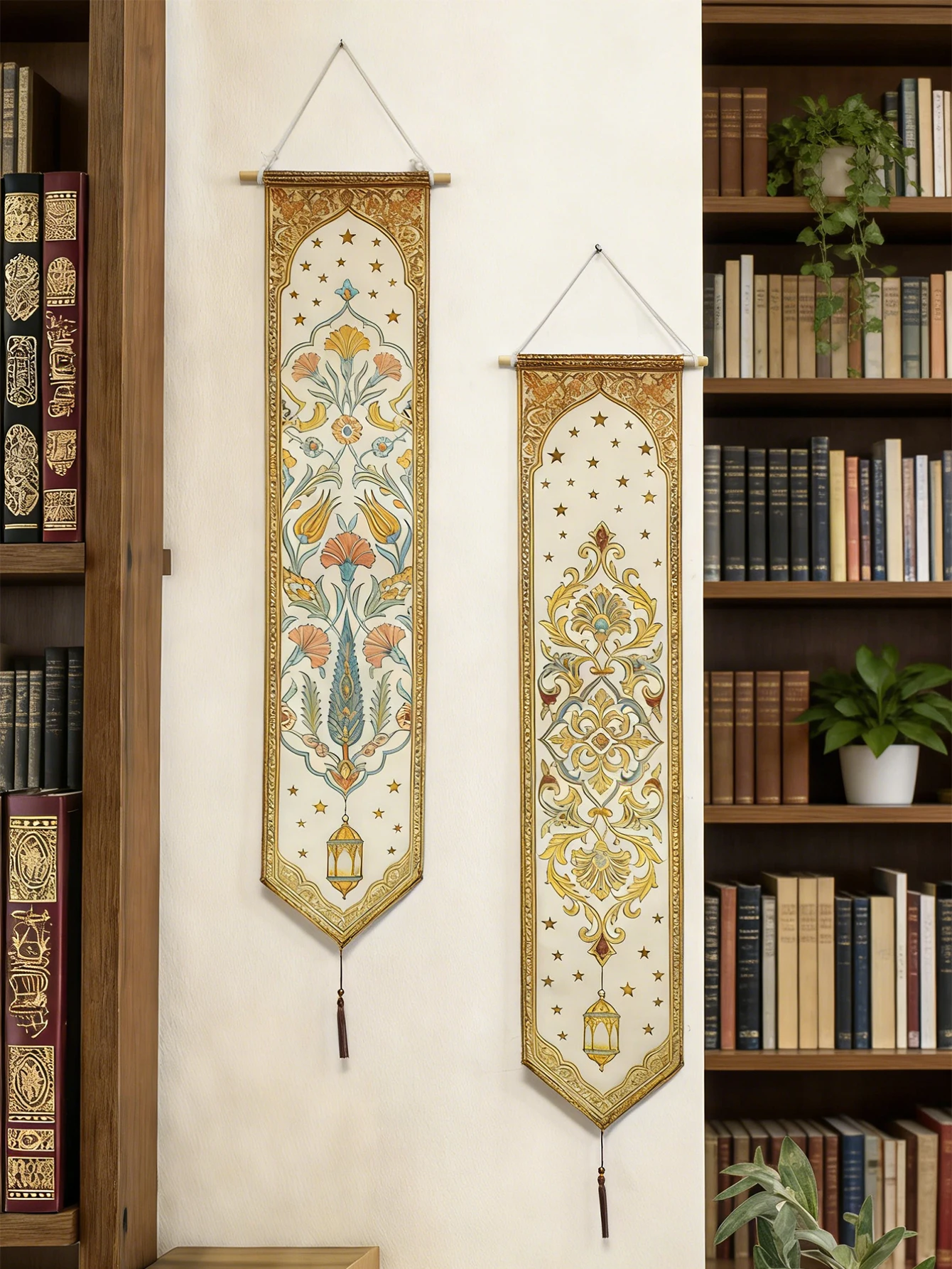 Ramadan Wandbehang Tapisserie mit Mond & Stern, Blumenmuster Islamische Wandkunst mit Laterne, Dekorative Girlande für Wohnzimmer, Schlafzimmer, Geschenk