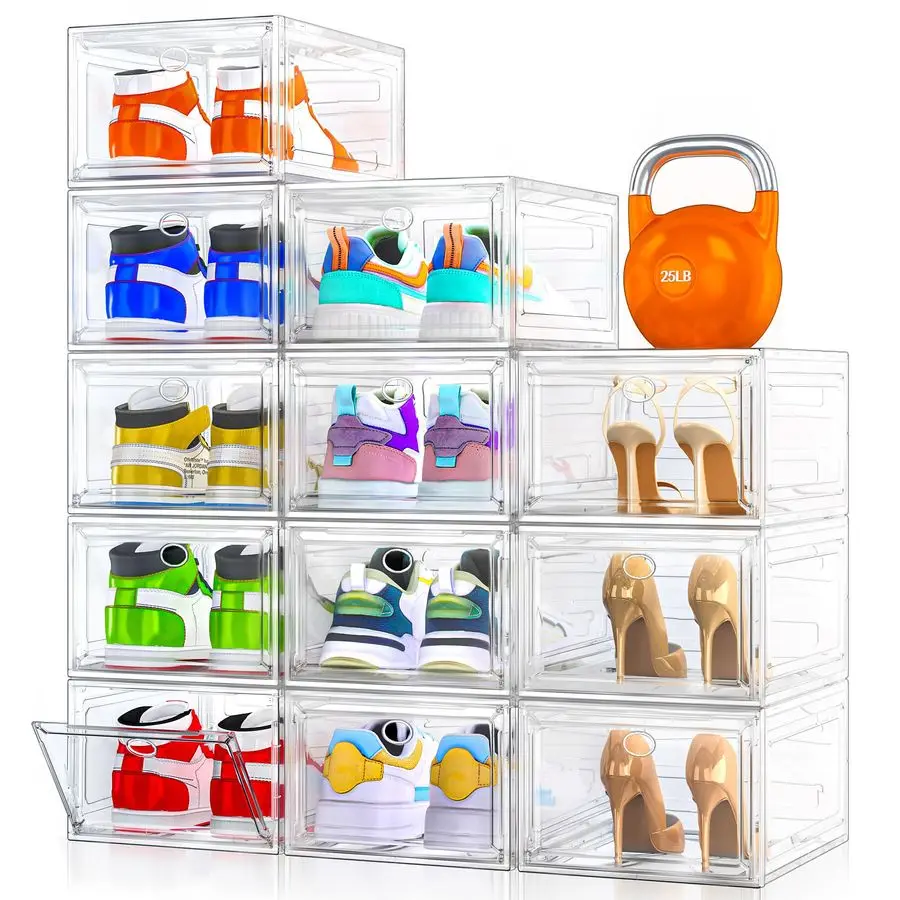 

Pack Clear Shoe Storage Organizer with Magnetic Door,Stackable Plastic Shoe Boxes for Sneakers,Boots,and Heels,Spac Customizable