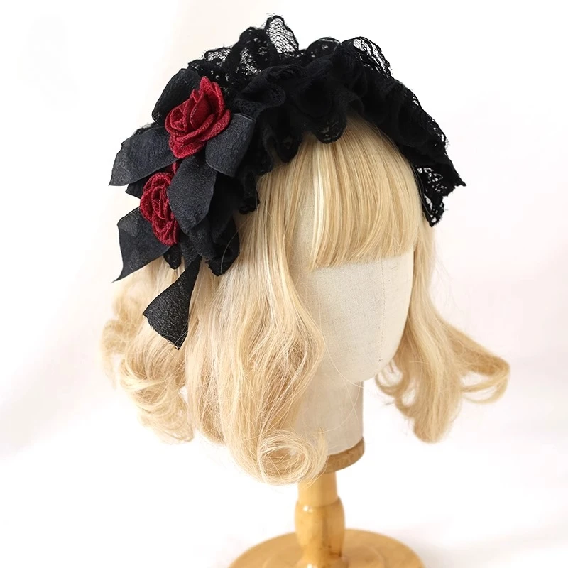 오리지널 블랙 앤 레드 레이스 로리타 헤드피스 인형 스타일 리본 팔찌 KC 고딕 로 마더 할로윈 헤어 액세서리