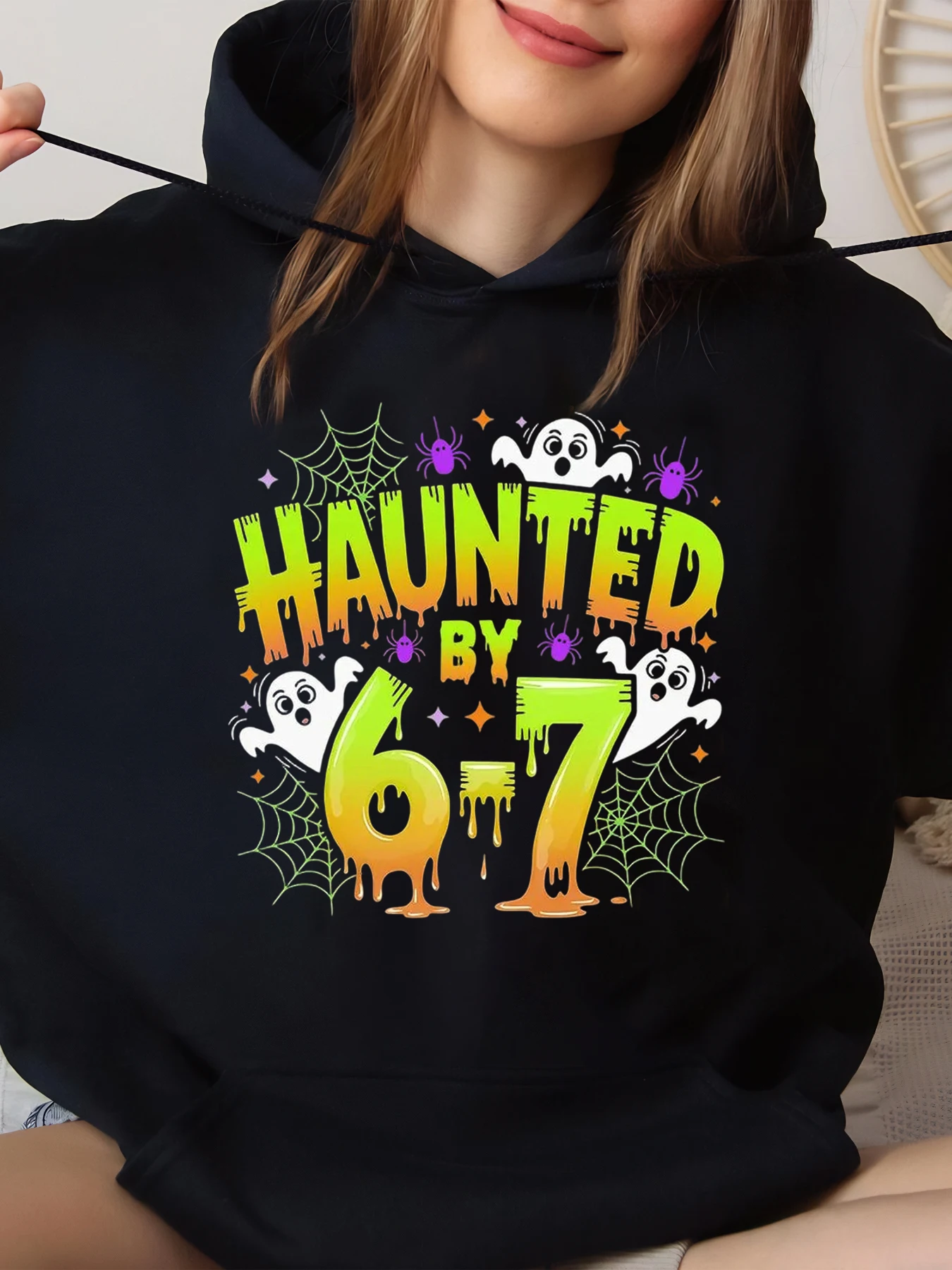 

Haunted by 6-7 Ghosts Spiderweb Halloween Print Hoodie for Kids and Teens Party Wear Black Big Size