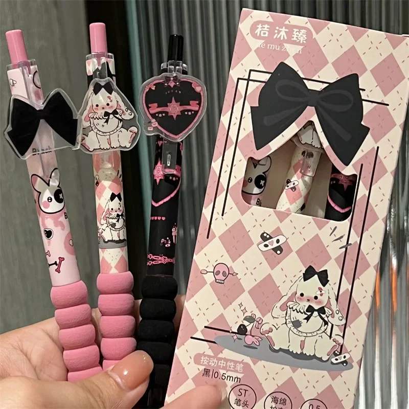 3 stks/set Dark Sweetheart Soft-grip Pen Knappe St Head Zwart sneldrogende Gel Pen Spons Schede leerling Doen Huiswerk Ondertekening Pen