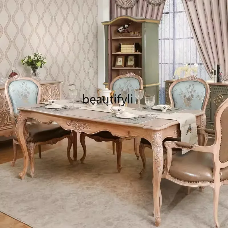 French light luxury style solid wood carved dining table rectangular retro restaurant European dining table and chairs