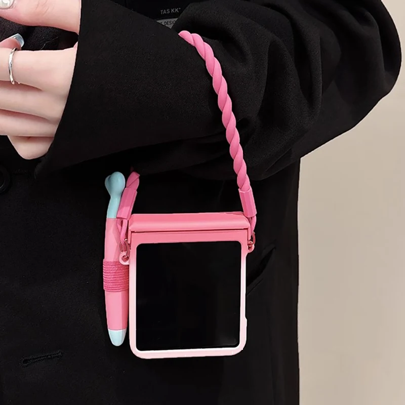 For Samsung Z Flip 7 Case with Stylus Cute Pink Gradient 3D Phone Case For Samsung Galaxy Z Flip 7 Cases with Slicone Strap