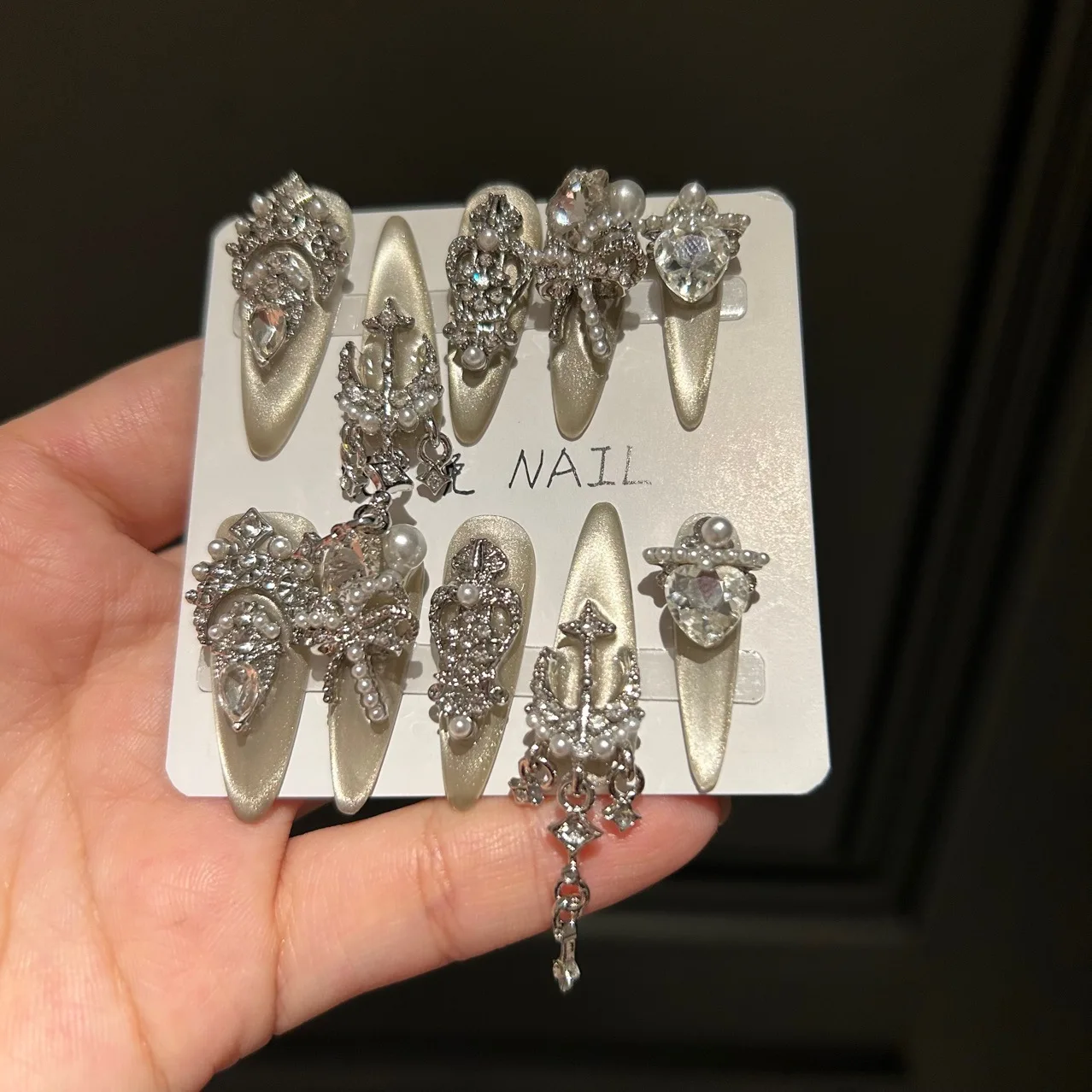 Luxury Silver Toned Press on Nails with Diamonds and Pearls Made of Eco Friendly ABS Plastic Alloy and Cultured Pearls Exquisite