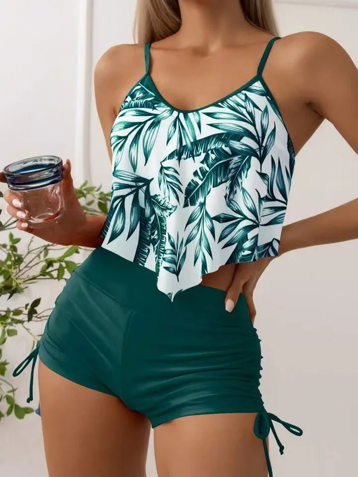 2026 Sexy Halter Printed Ruffle Two Piece Bikini Set Women Tie Side Boyleg Shorts Push Up Tummy Control Swimwear Beach Vacation