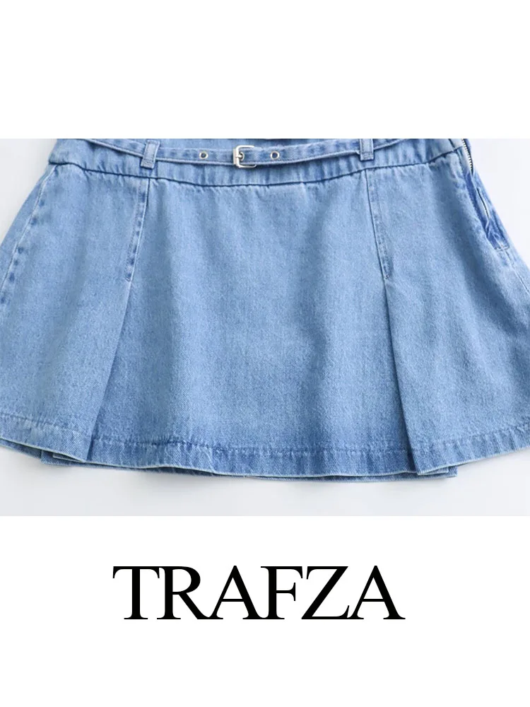 TRAFZA Summer New Fashion Women Zipper Mini Skirts Solid With Waistband Decorate Female Elegant Slim Short A Line Shaped Skirt