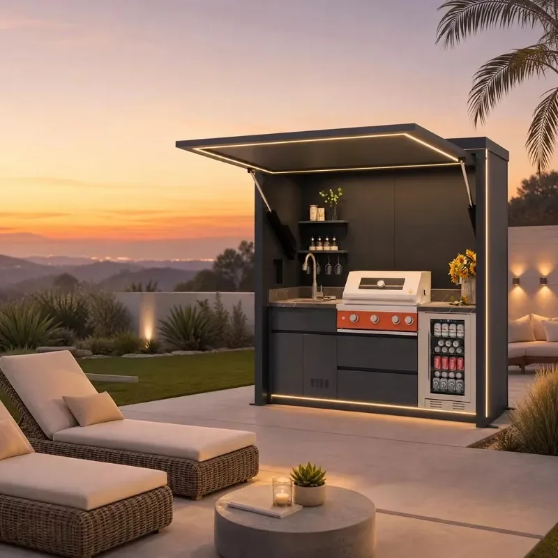 2026 Custom Powder Coated Stainless Steel Outdoor Kitchen Island Built-in Gas Grill Pool House Kitchoice NF-101 Flame Safety