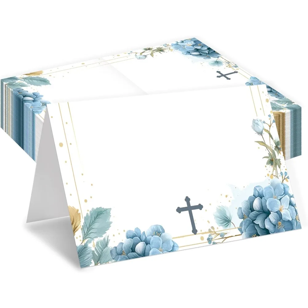 

Baptism Place Cards, Blue Floral Place Cards For Table Setting, Religious Bautizo Name Cards For Boys, First Holy Communion Chri