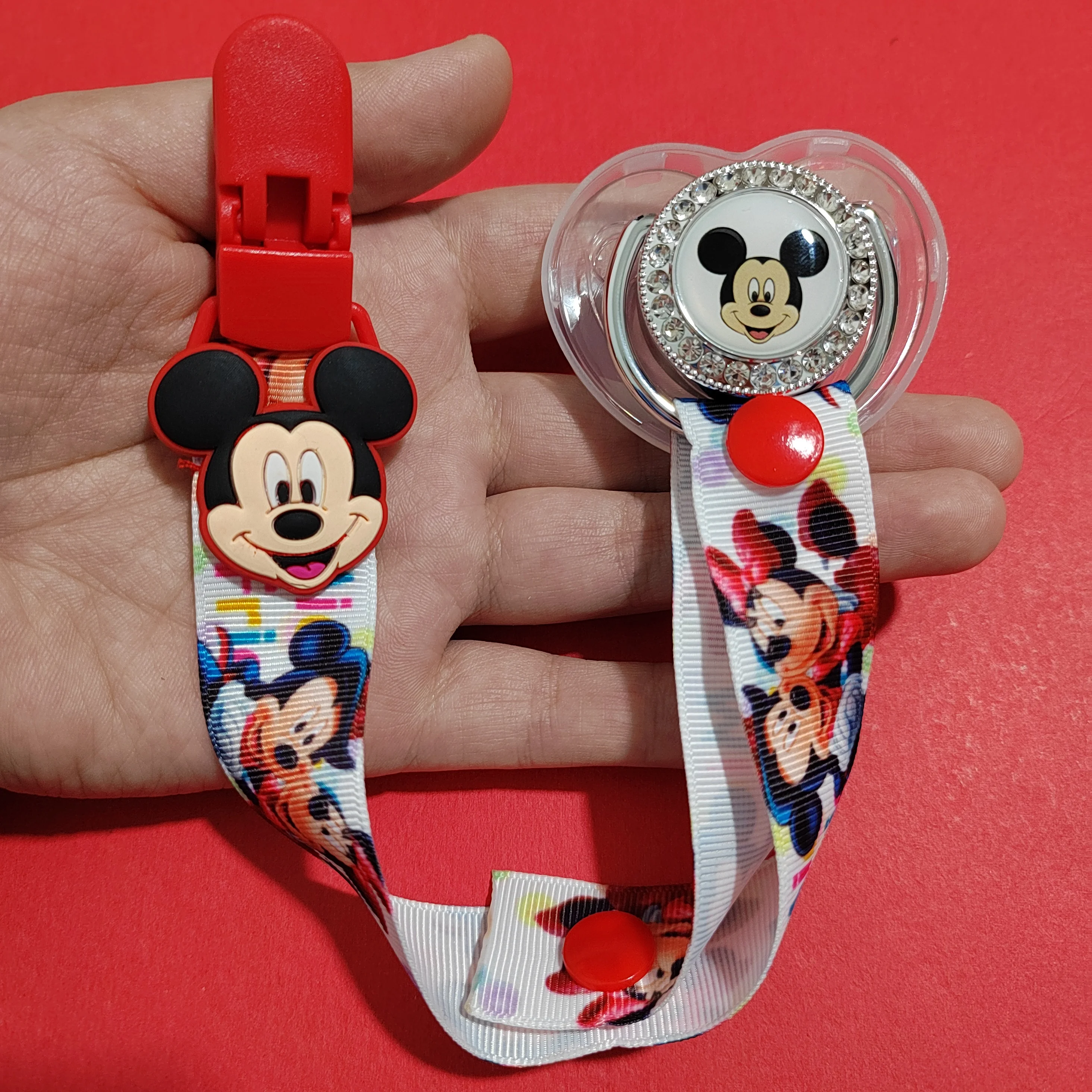 Disney Mickey Mouse Cartoon Image Pacifiers for Babies Infant Colthes Fabric Nipple Clamps Chain Holder Teethers Adapter Mam