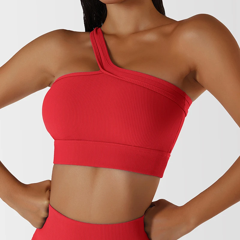 Summer One Shoulder Yoga Bra Beautiful Back Sports Top Women Gym Running Fitness Shorts High Waist Seamless 2 Piece Bodysuit